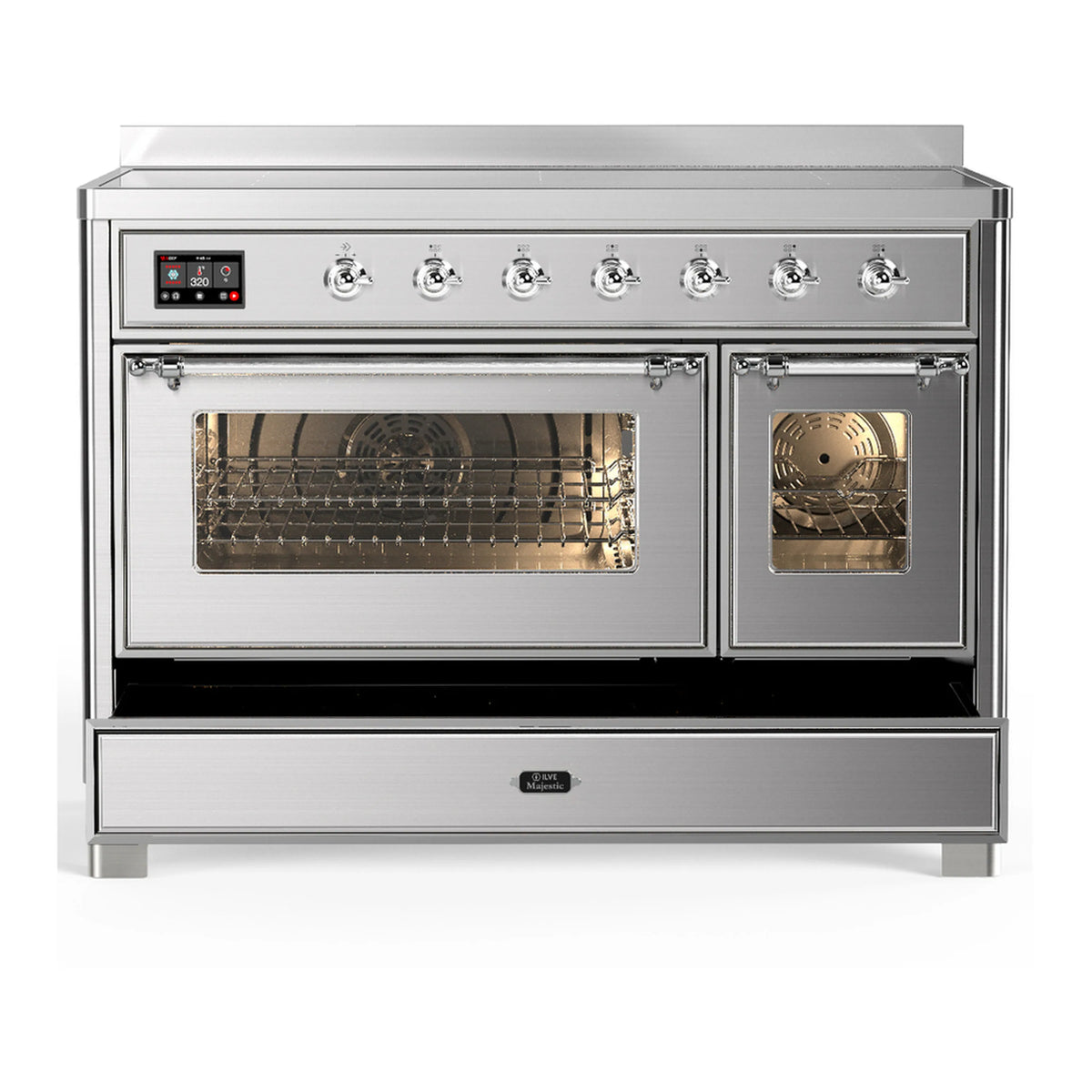 Stainless steel induction range with closed oven doors, illuminated display, and chrome control knobs