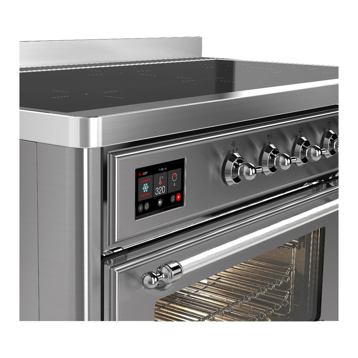 Stainless steel induction range control panel with digital display, knobs, and open oven door