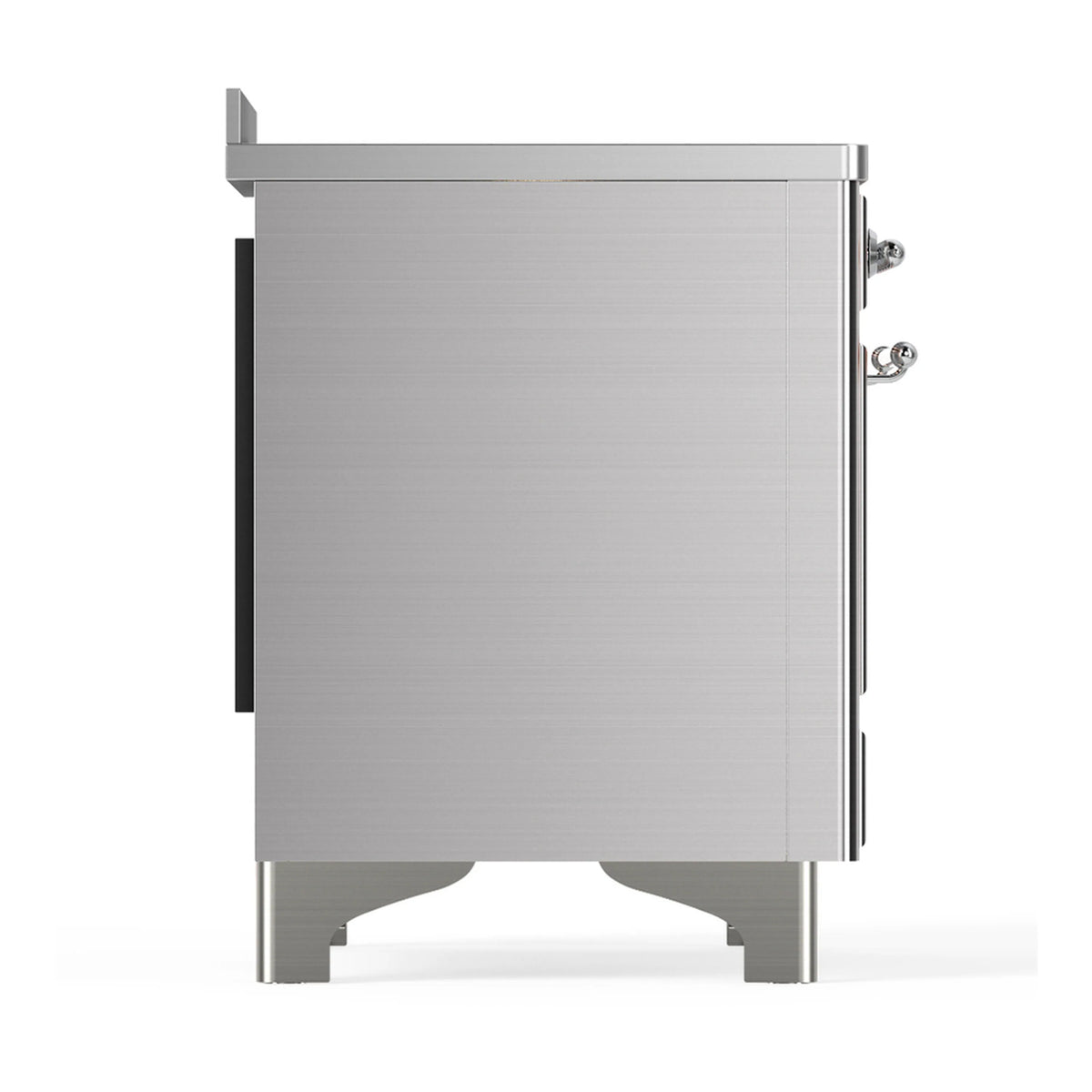 Stainless steel induction range side panel with black trim and built-in oven door edges
