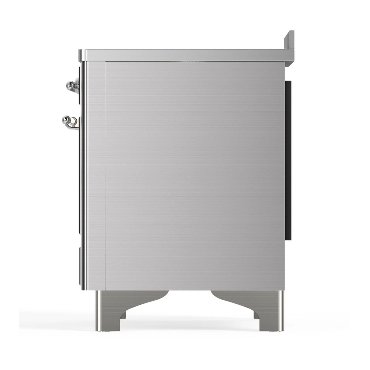 Stainless steel induction range back panel view with side handles and chrome trim