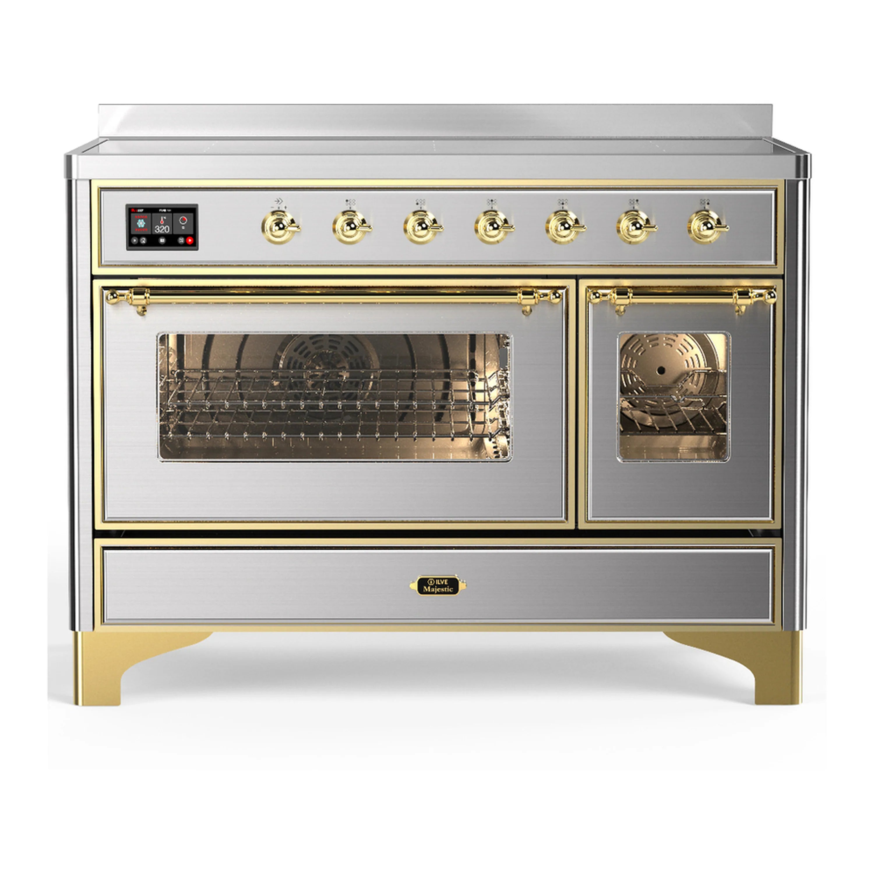 Stainless steel induction range with brass trim, front controls, and dual glass oven doors