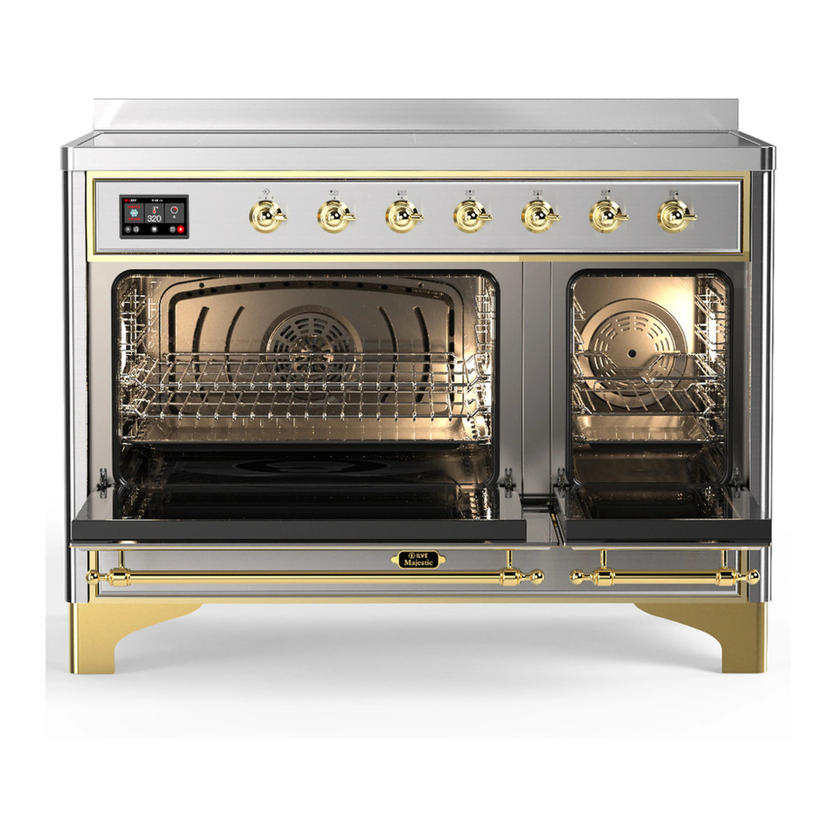 Stainless steel induction range with brass trim, open ovens and wire racks