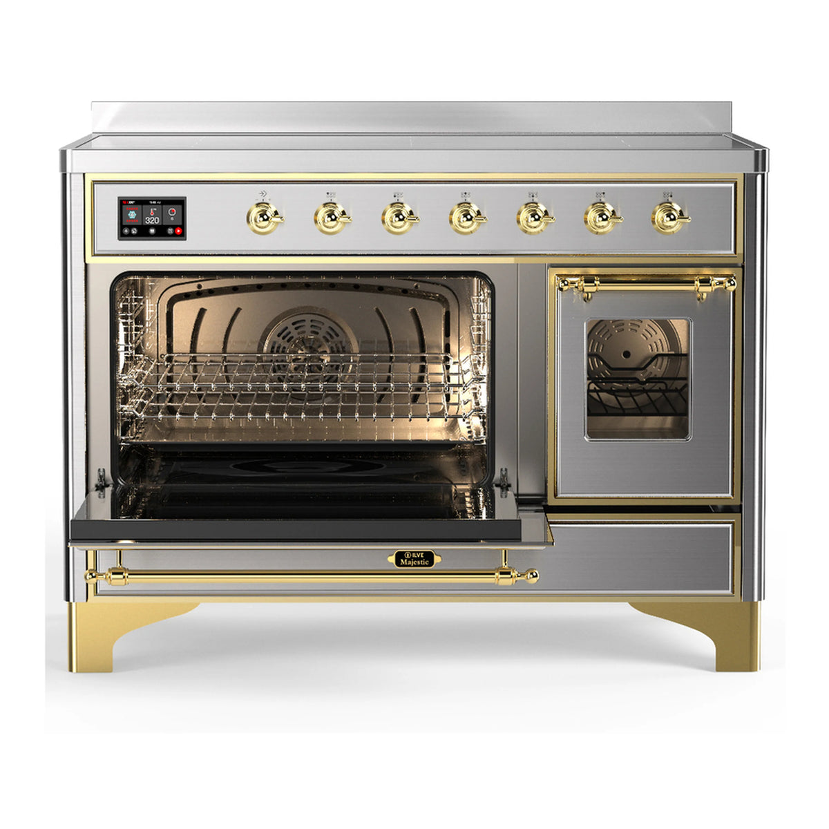 Stainless steel induction range with brass trim, one large open oven and side viewing door