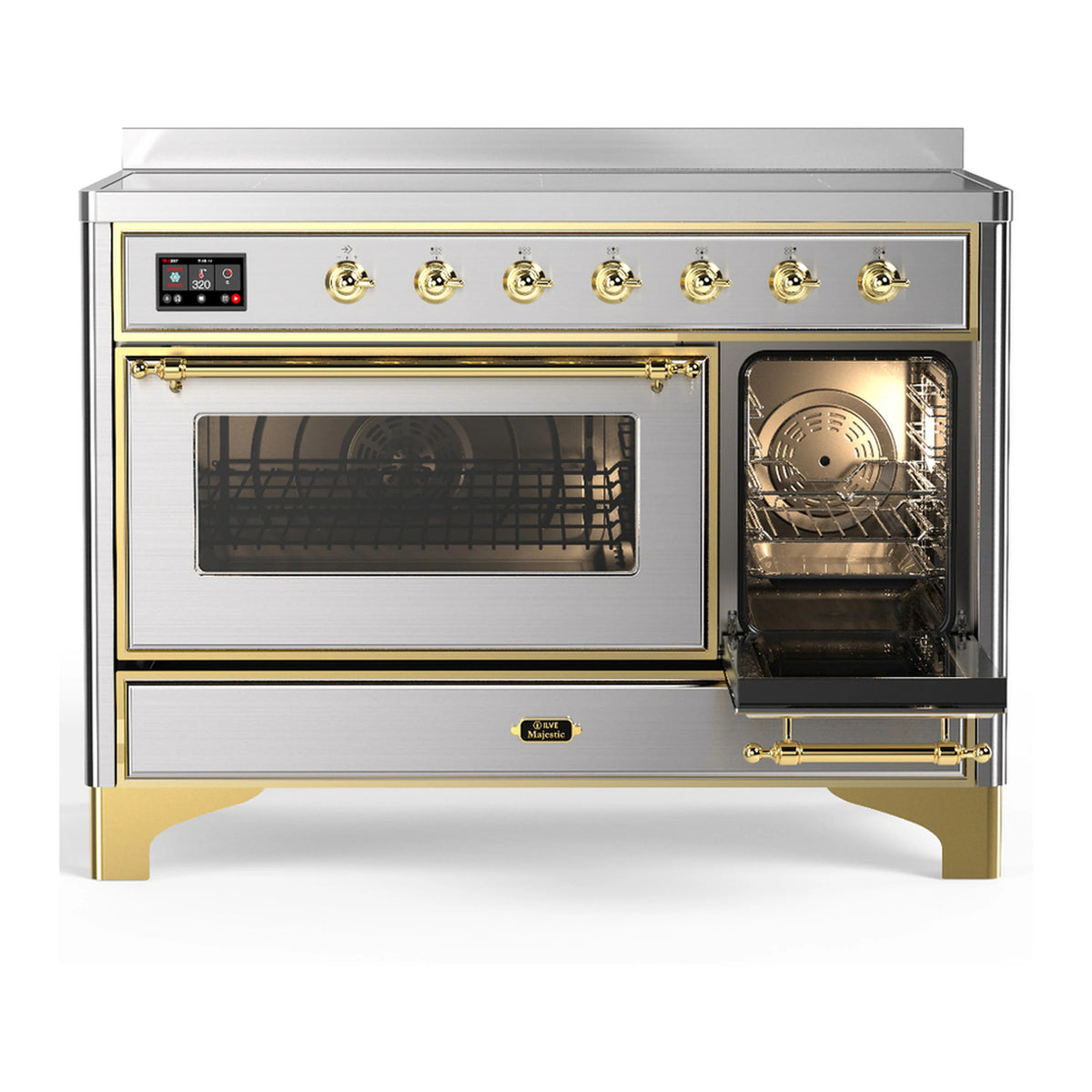 Stainless steel induction range with brass trim, oven door windows and open right oven