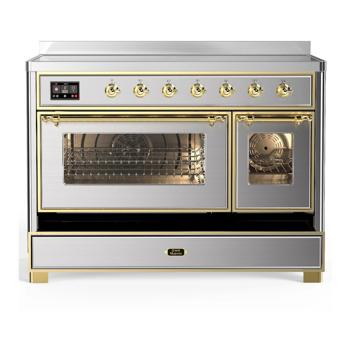 Stainless steel induction range with brass trim, large oven door window and closed lower drawer