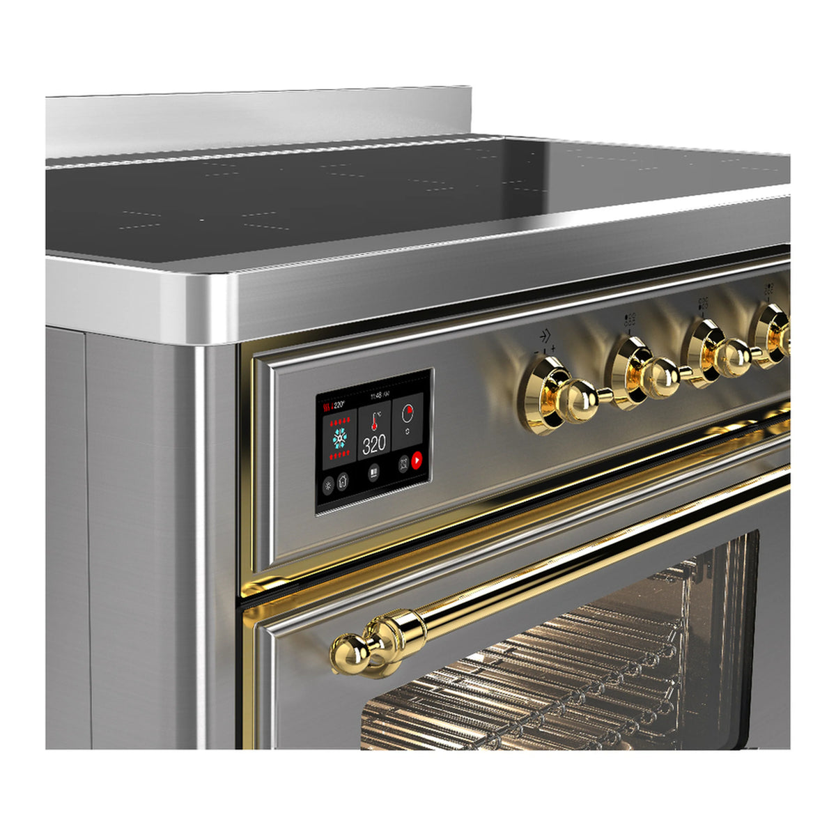 Stainless steel induction range with brass control knobs and illuminated oven display