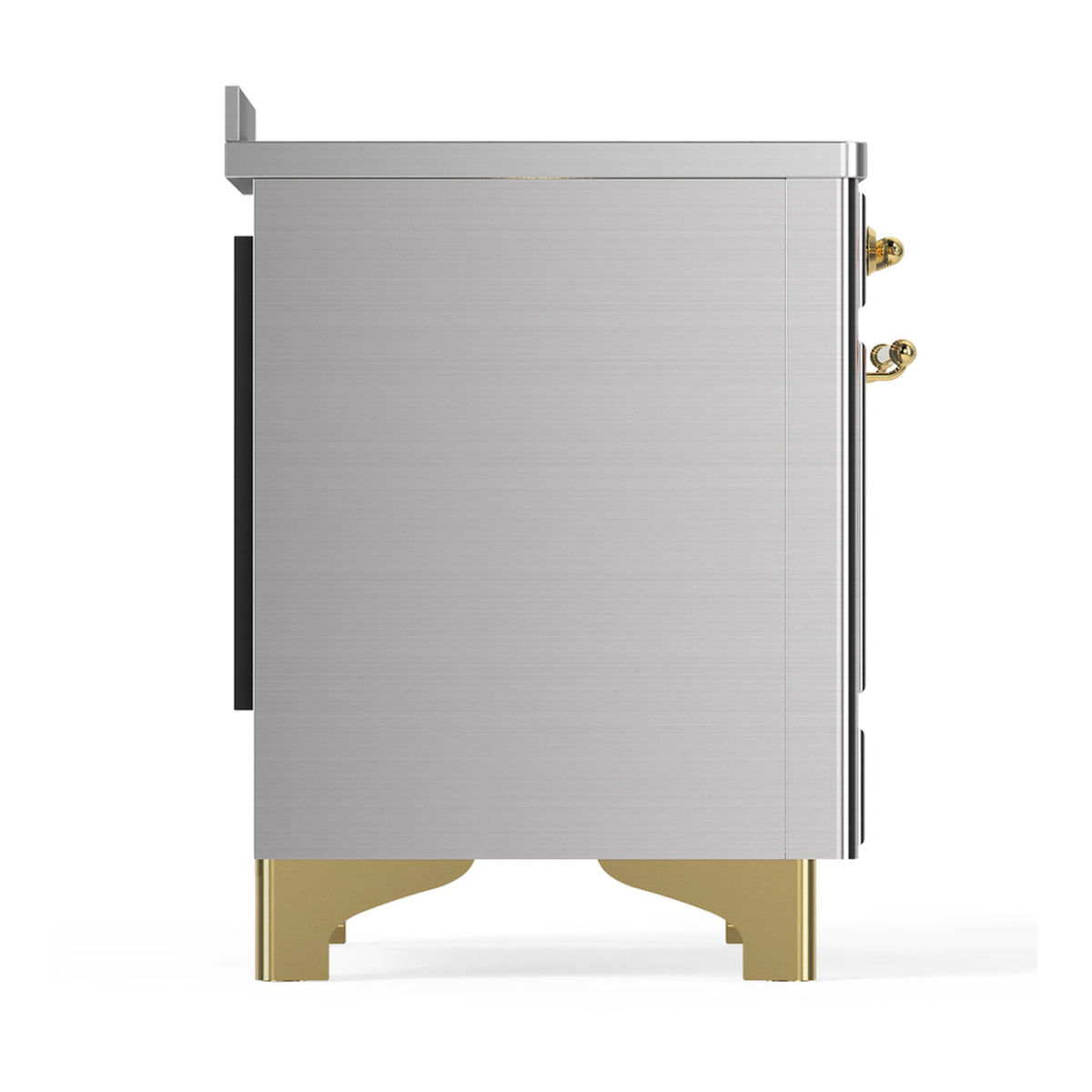 Stainless steel side of an induction range with brass accents and a low base