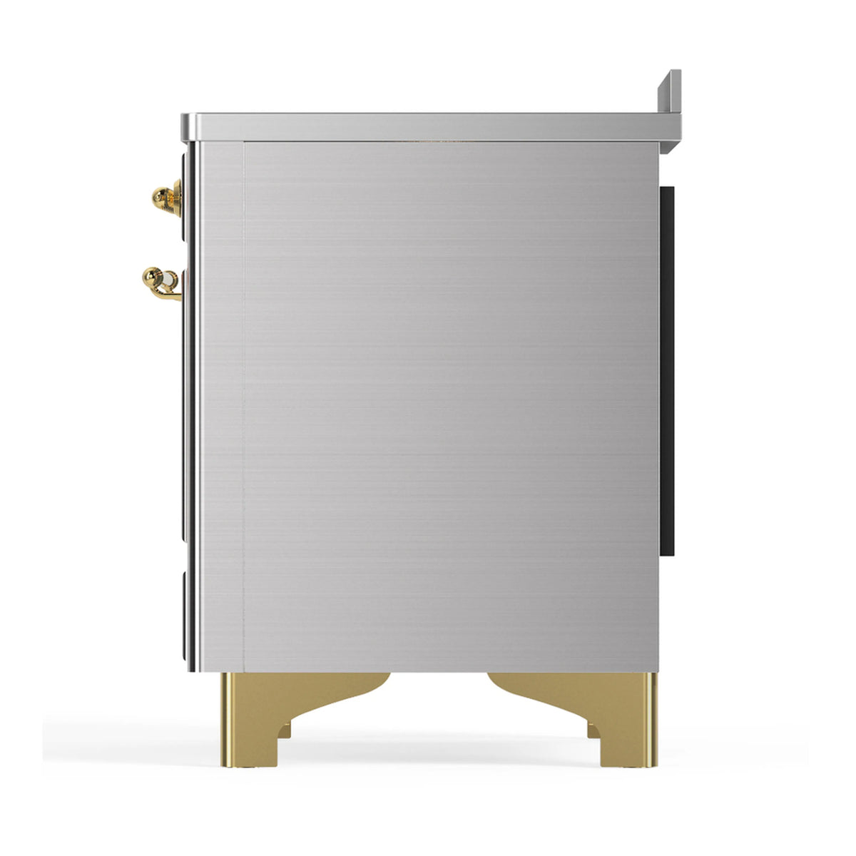 Stainless steel side panel of an induction range with brass corner feet