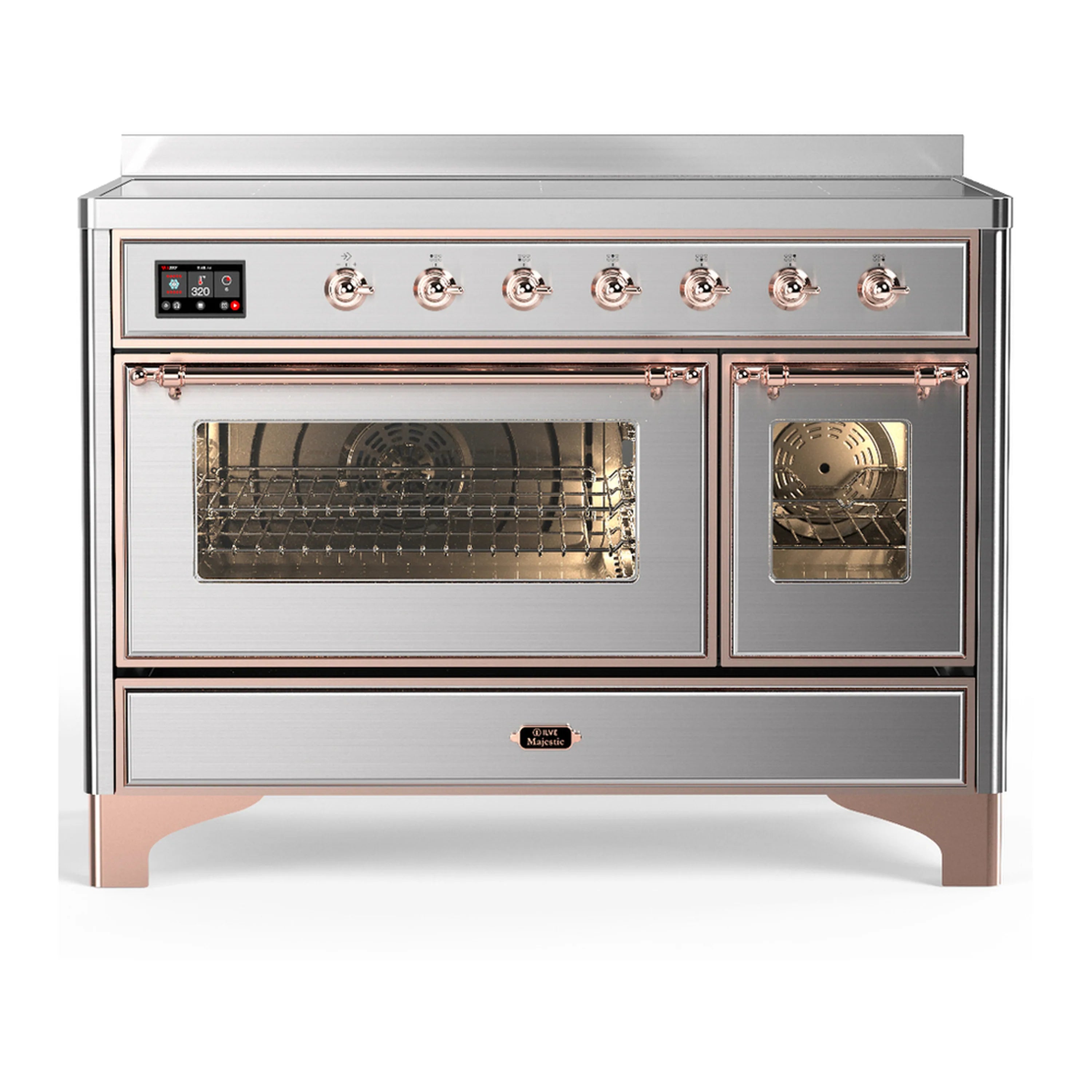Stainless steel range with copper-trim knobs, dual oven doors, and viewing windows