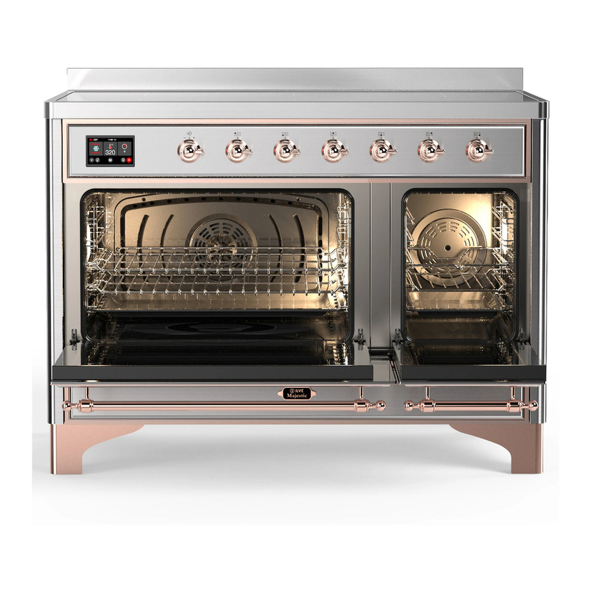 Stainless steel induction range with both oven doors open, illuminated interior racks