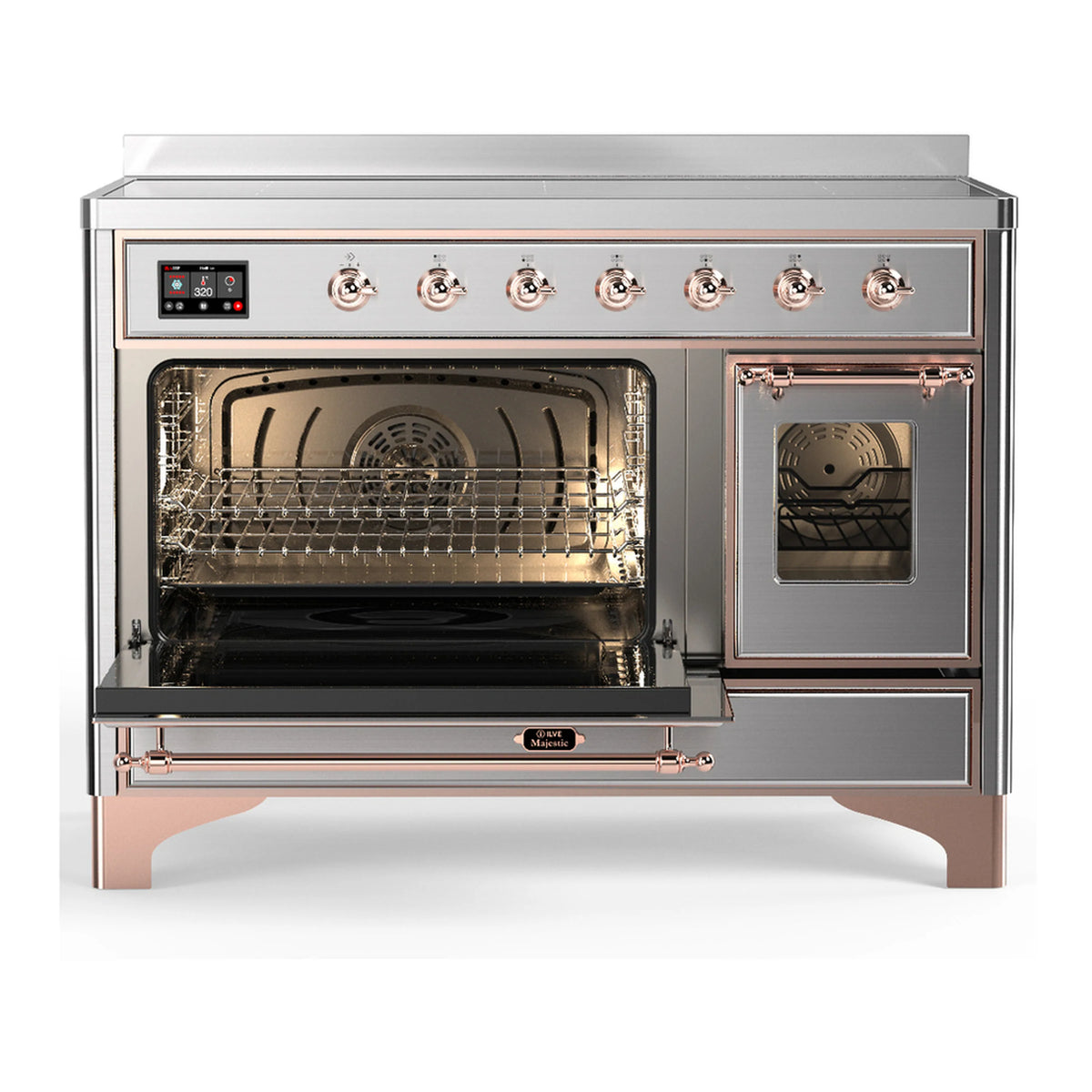 Stainless steel range with oven doors open, wire rack and back-wall heating element