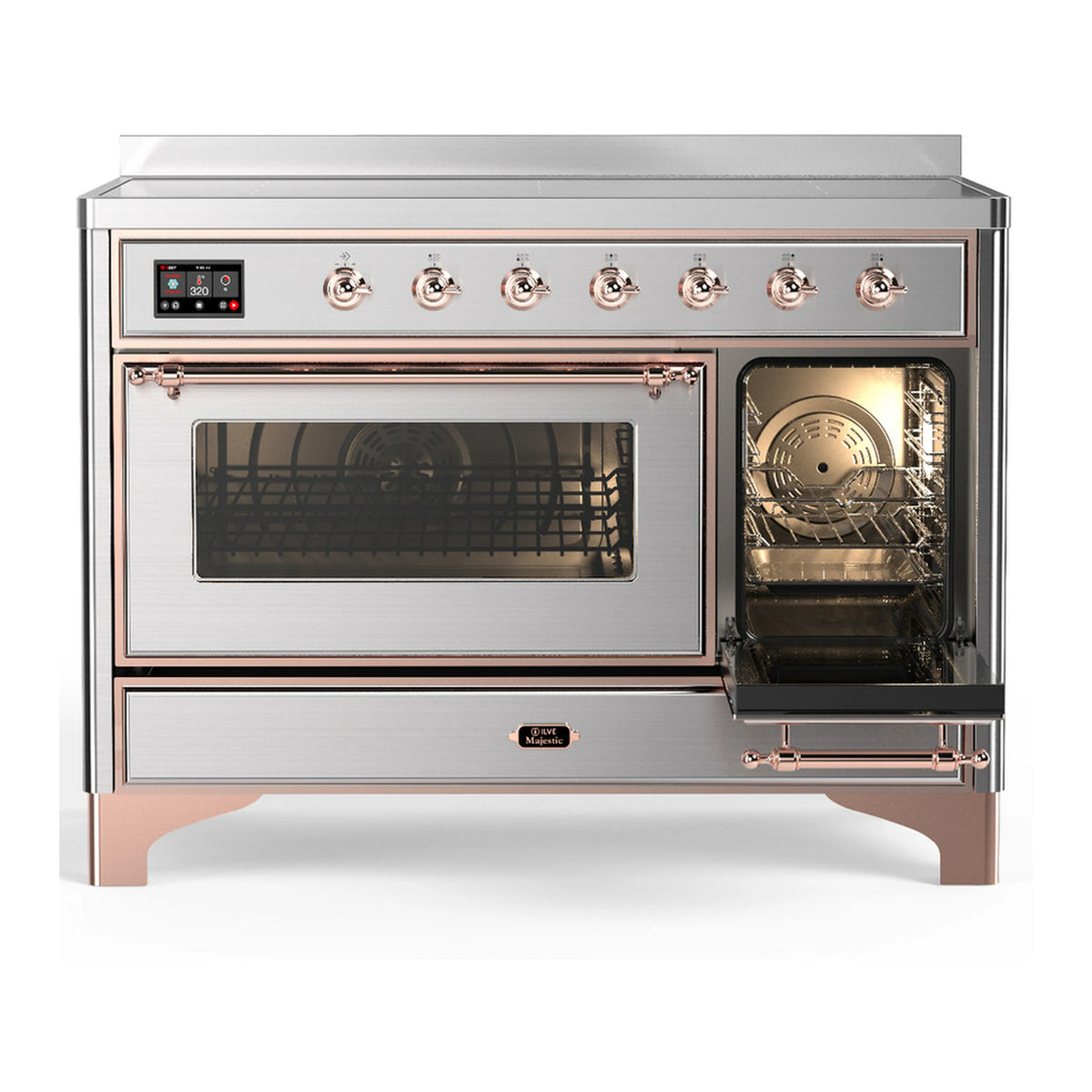 Stainless steel range with one oven door open and lit interior viewing window