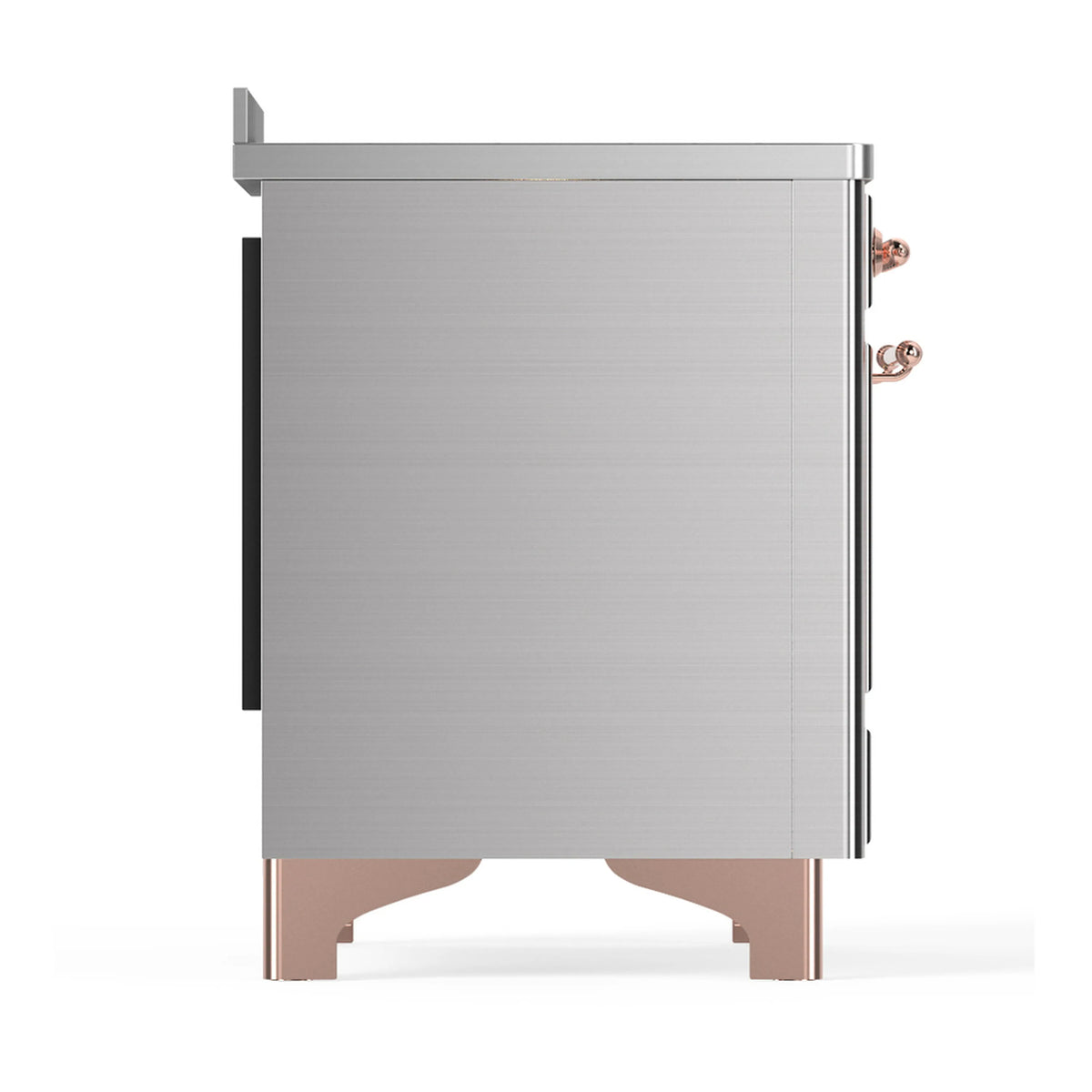Stainless steel oven body with copper-accent side handles and leveling feet