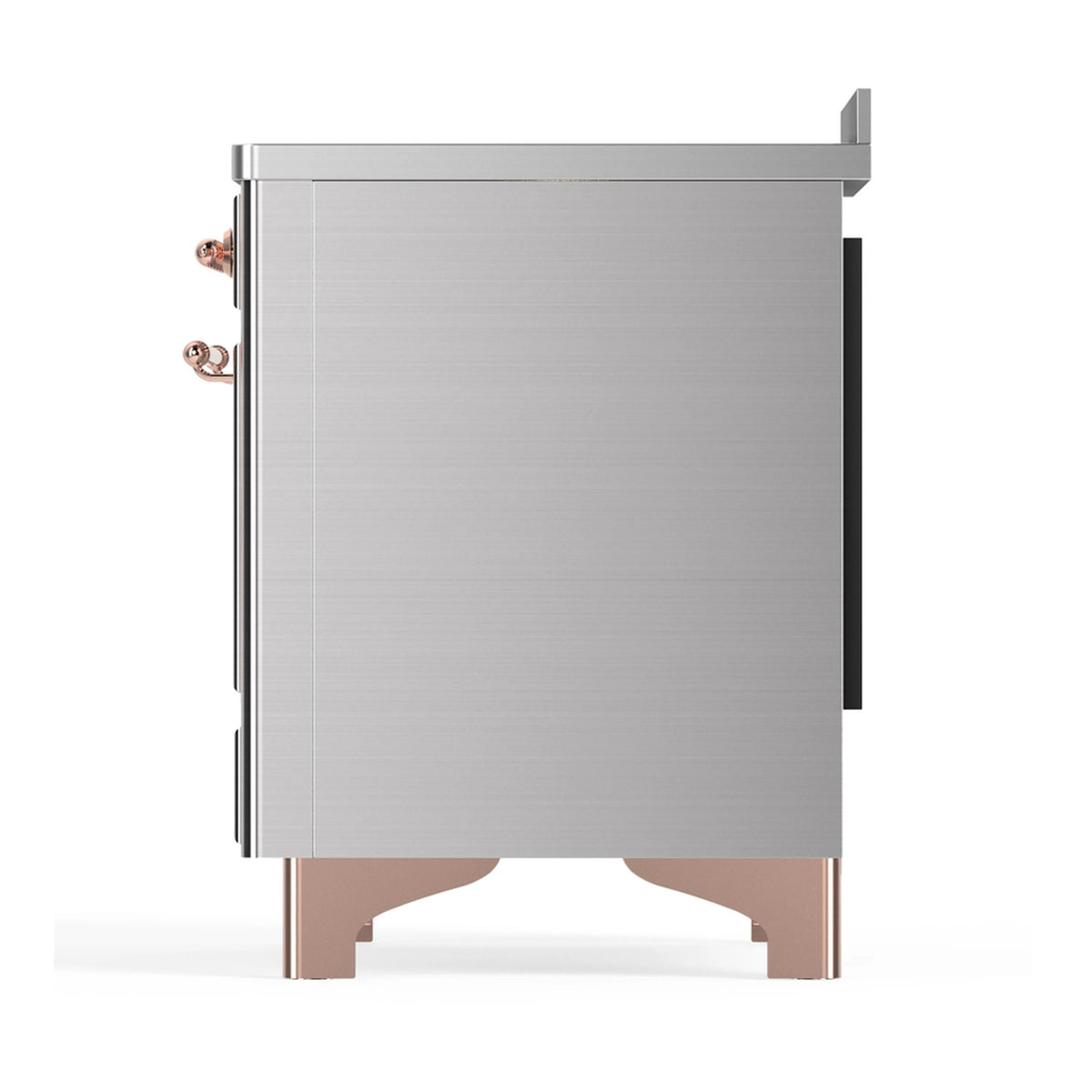 Stainless steel induction range side view with copper-accent handles and cabinet legs