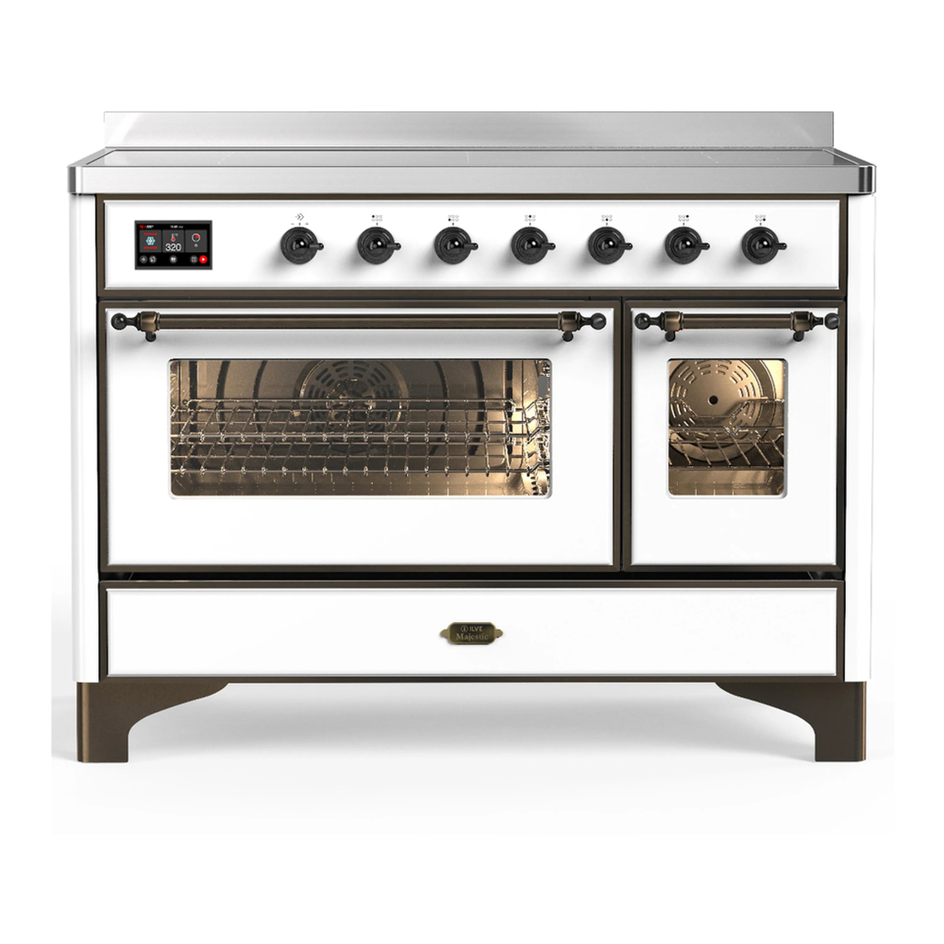 White induction range with six induction elements, triple-glass oven doors, burnished trim