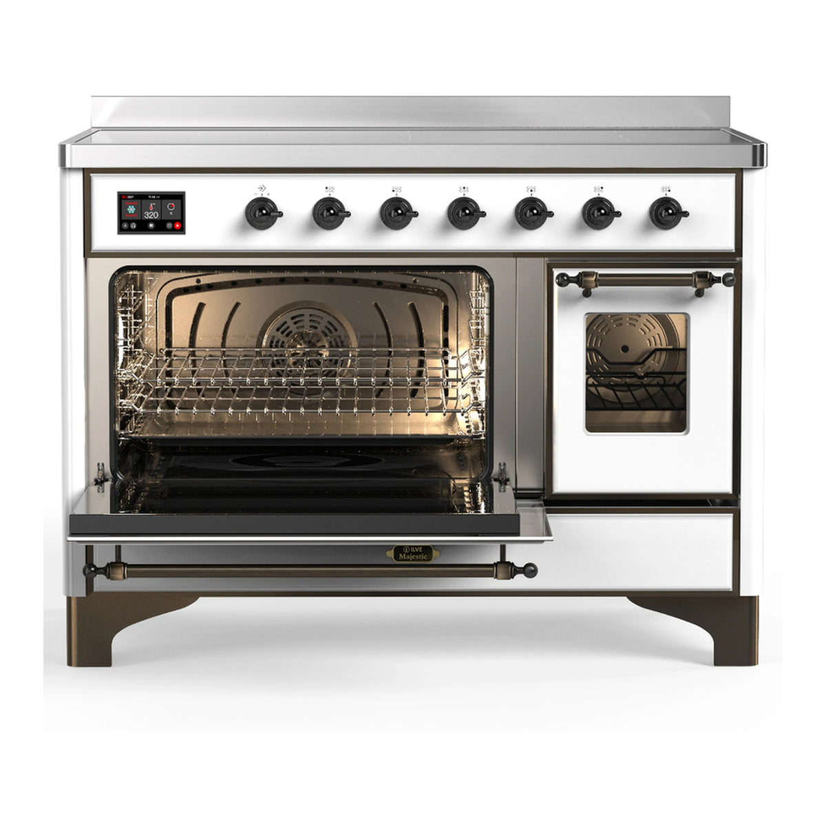 White induction range with left oven door open and right door closed, burnished trim