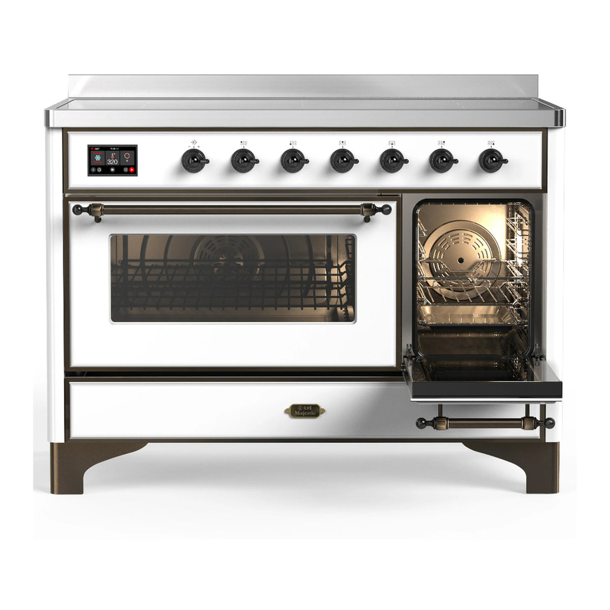 White induction range with right oven door open and left door closed, triple-glass
