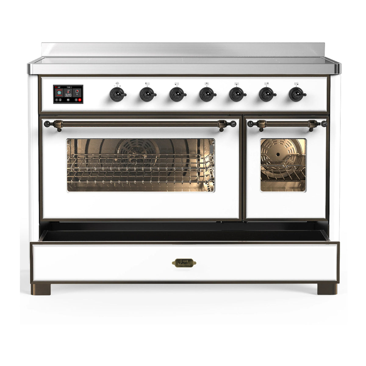 White induction range with oven glass doors and lower storage drawer, burnished trim