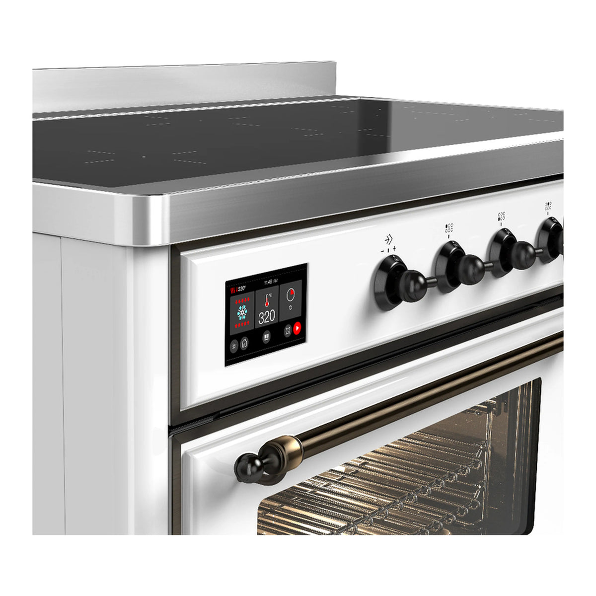 Induction range control panel with digital display and black knob set