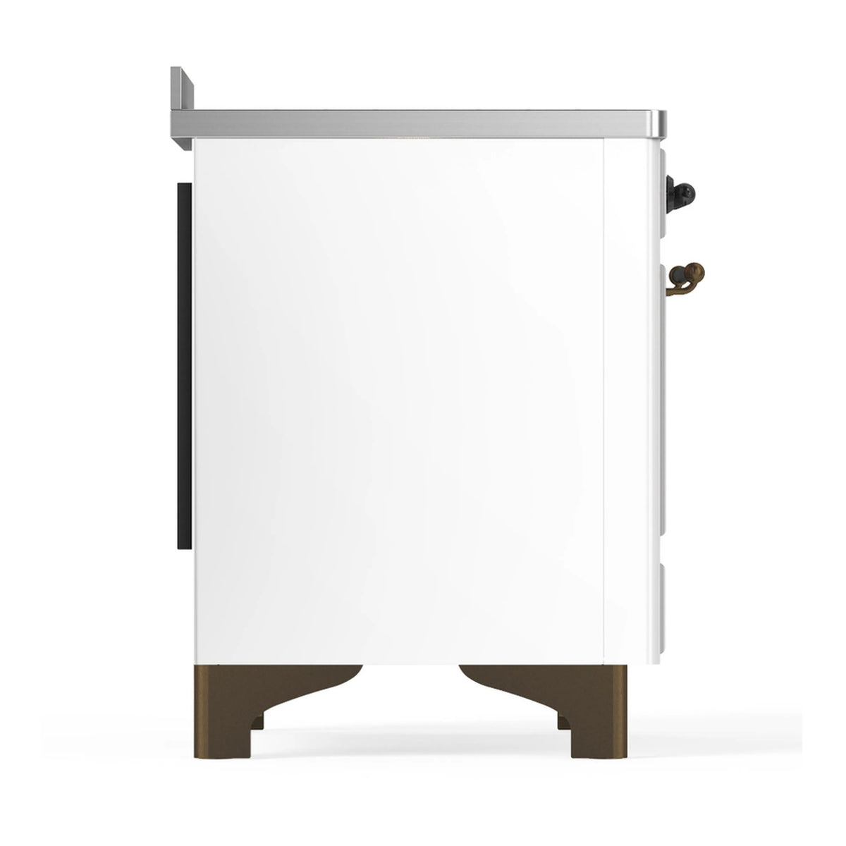 White induction range side panel with control area and burnished base trim