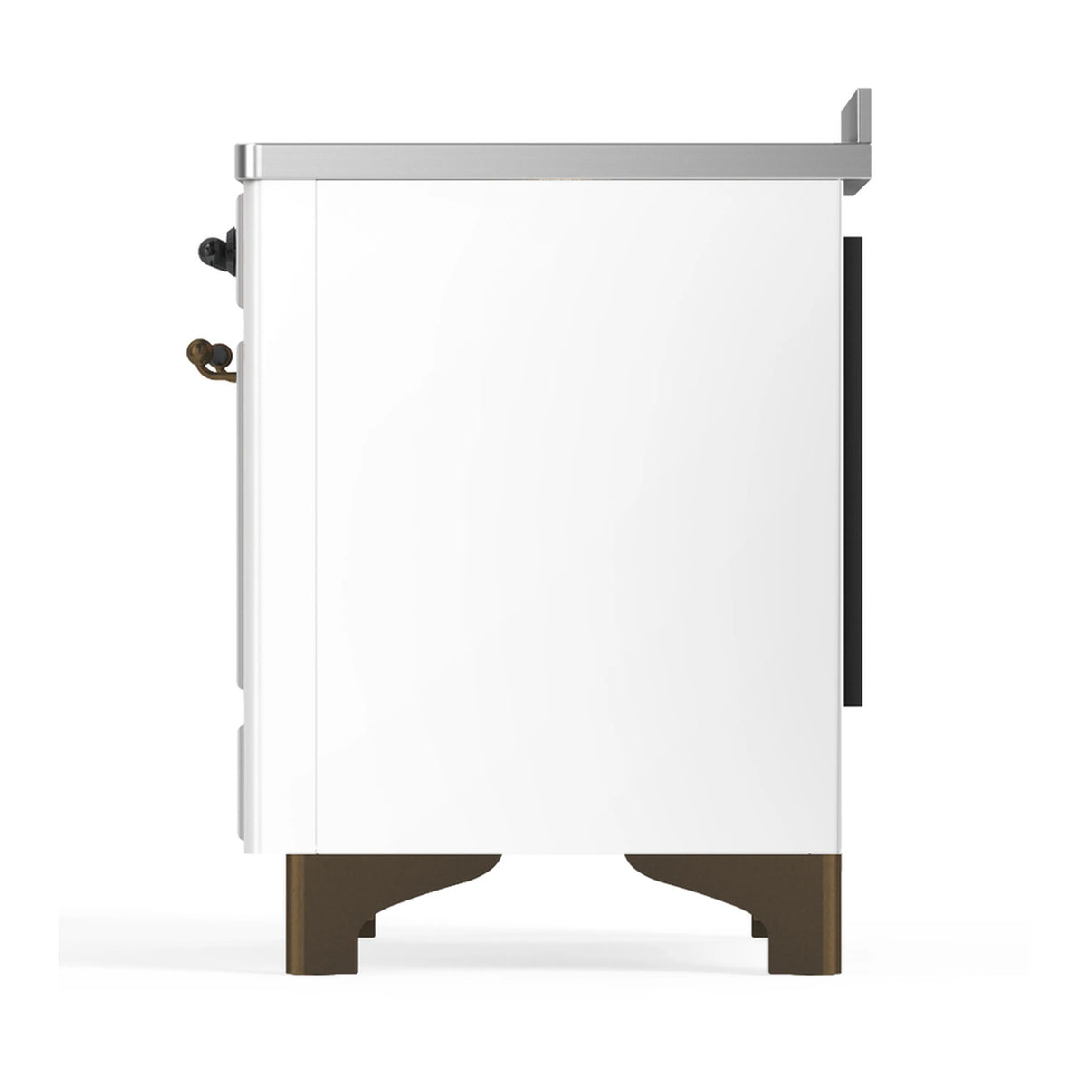 White induction range side view with burnished legs and side handle