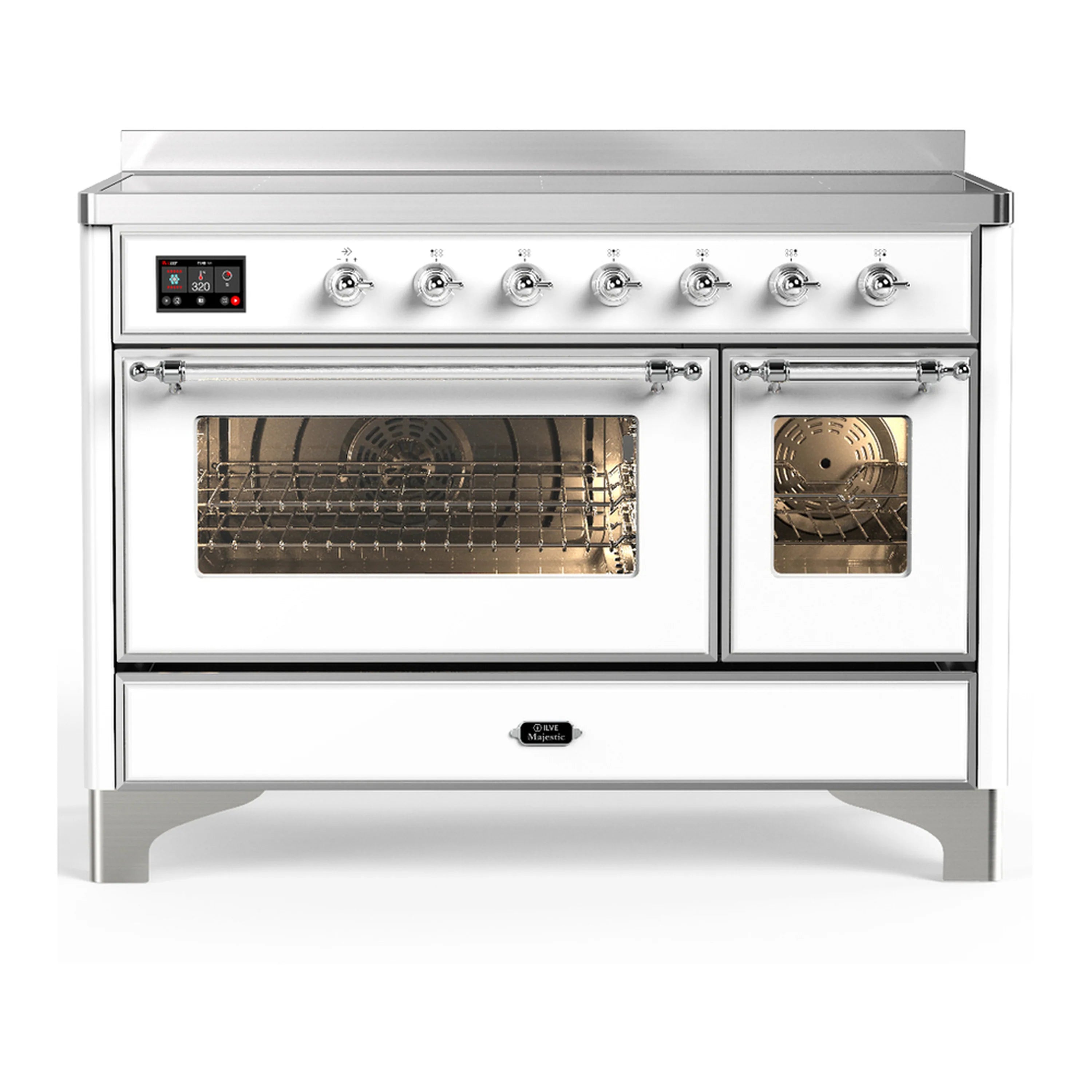 ILVE white induction range with chrome trim; dual open oven doors with racks visible