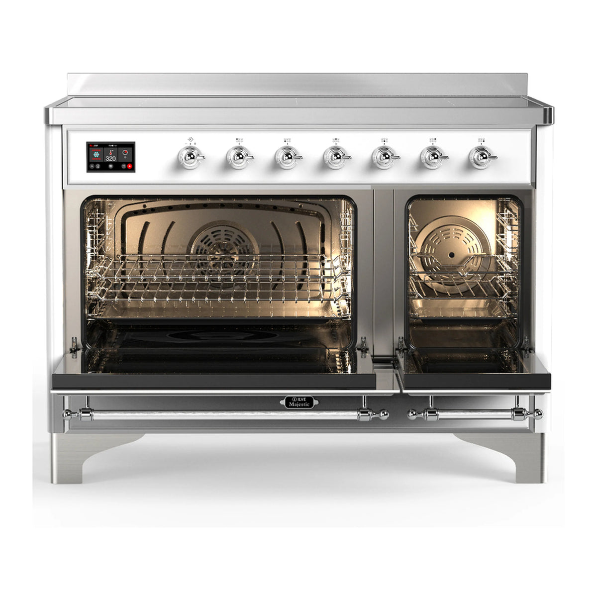 ILVE white induction range with chrome trim; open ovens with lit interior and racks