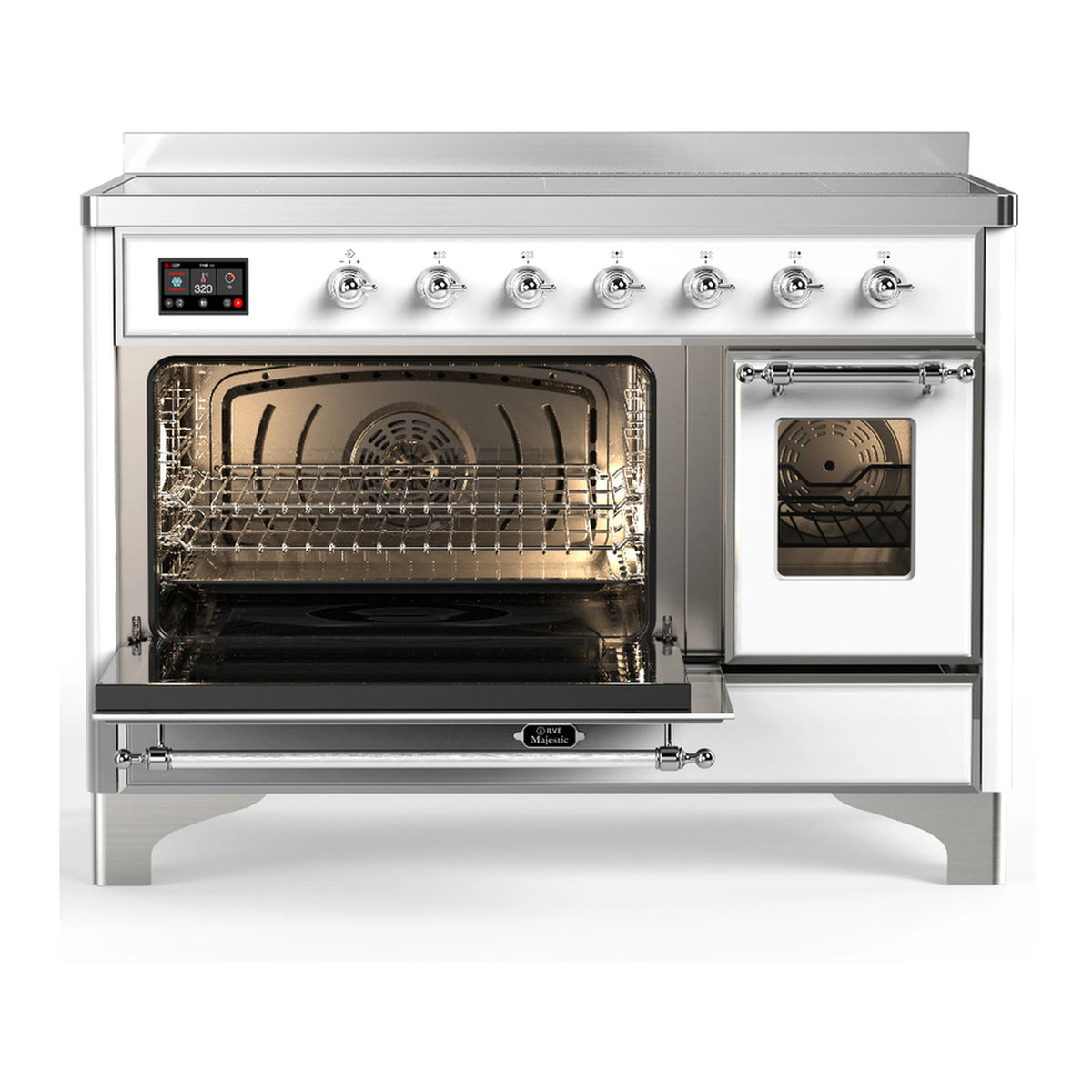 ILVE white induction range with chrome trim; oven windows showing racks and heating elements