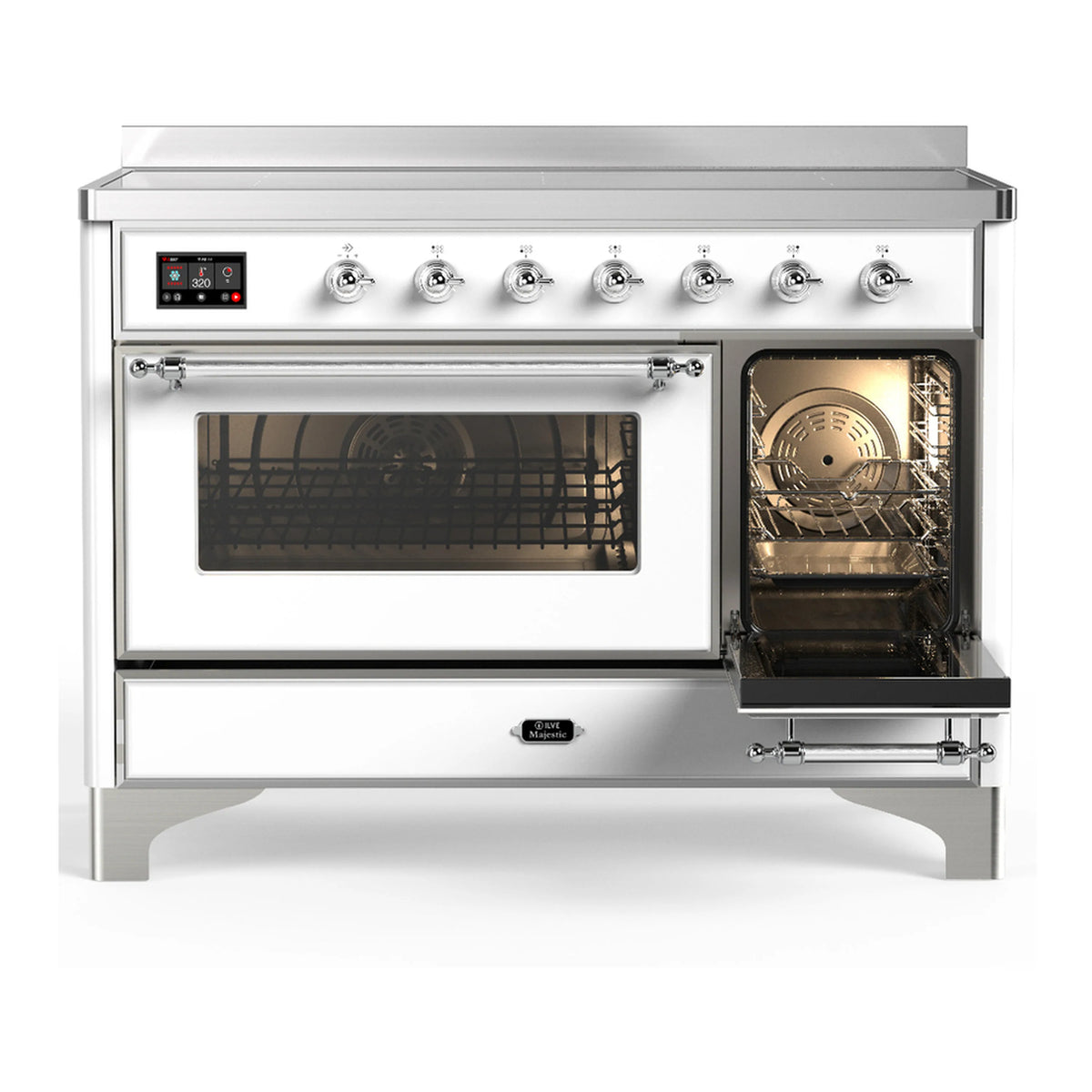 ILVE white induction range with chrome trim; open doors with lit oven compartments