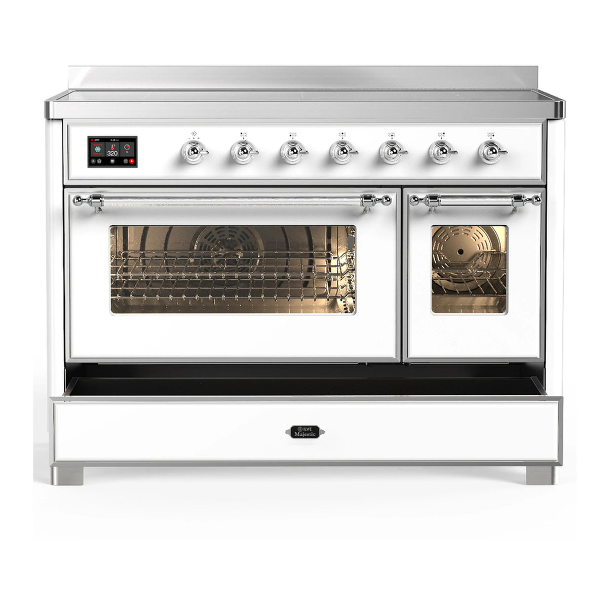 ILVE white induction range with chrome trim; oven doors closed with interior lighting