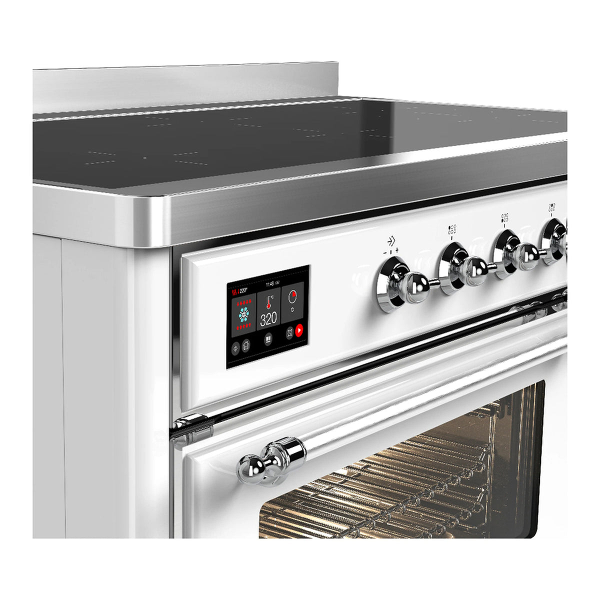 ILVE induction range control panel with knobs and lit oven interior through window