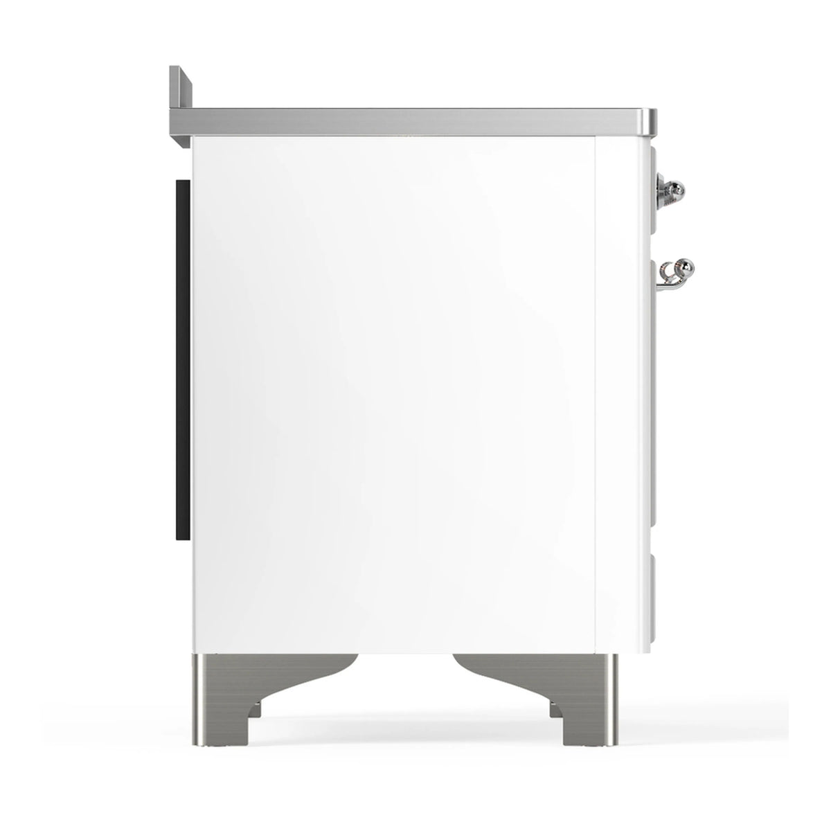 ILVE white range side panel with chrome accents and black side trim section