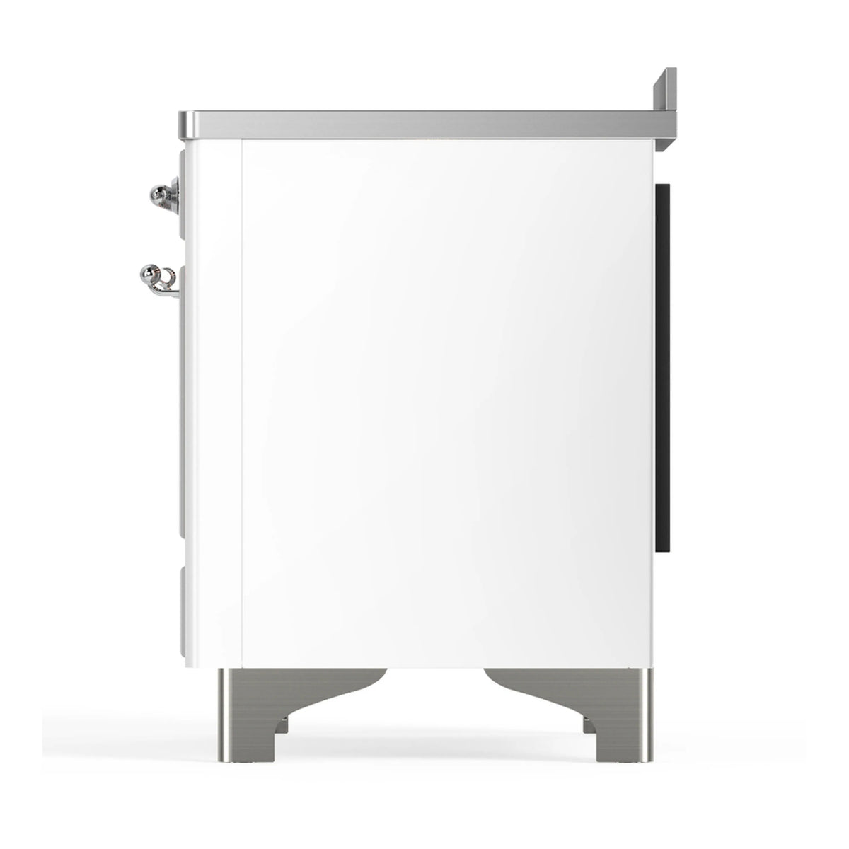 ILVE white range exterior side with chrome trim and black side cutout