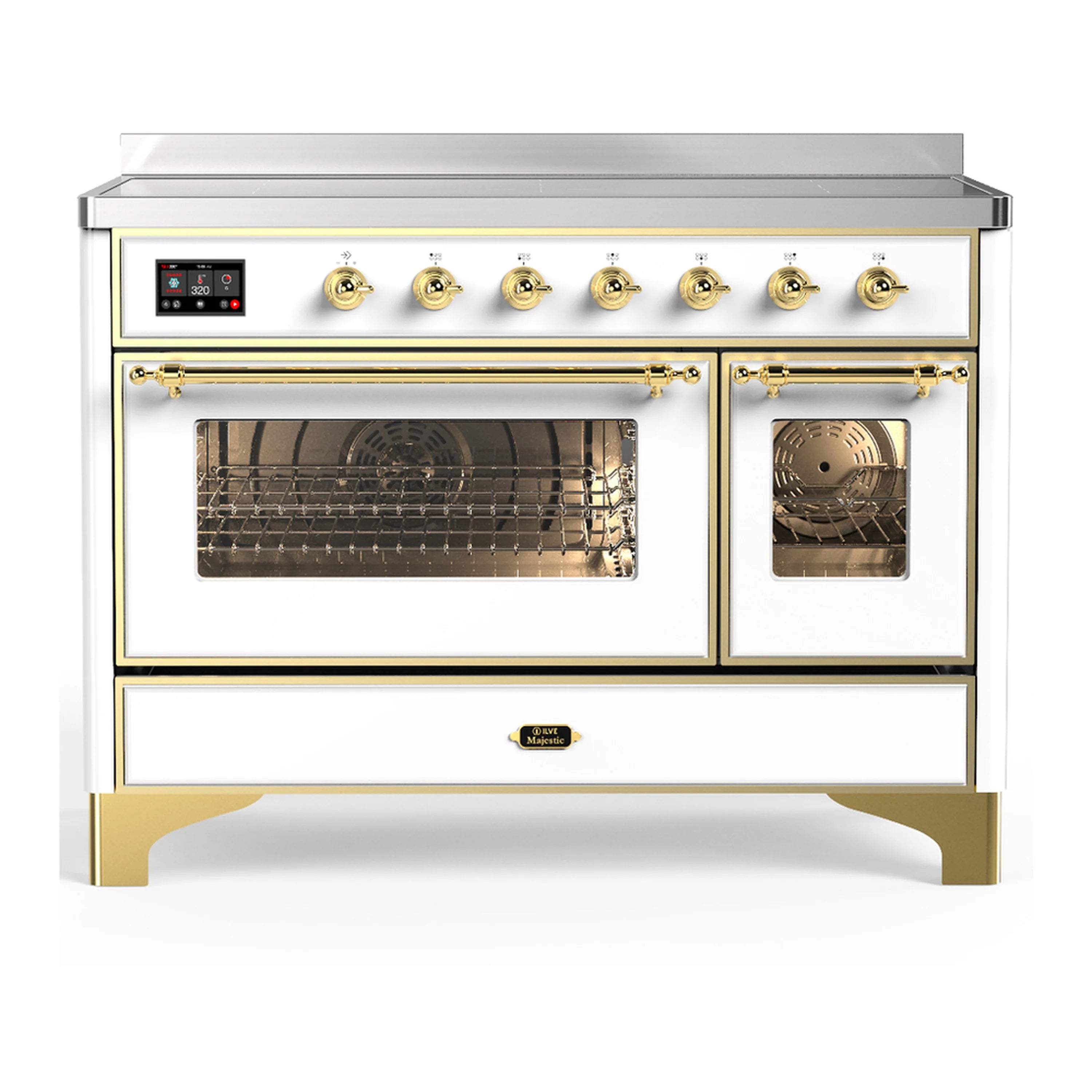 White induction range with brass trim, triple-glass oven doors, and gold control knobs