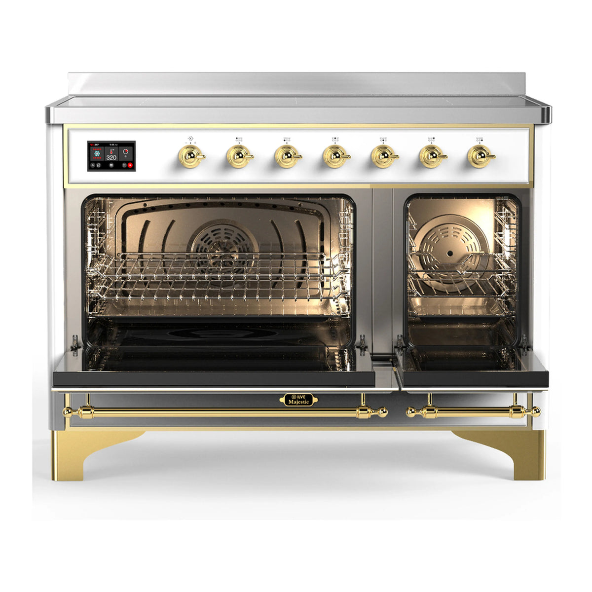 White induction range with brass trim, induction controls, and open triple-glass oven doors