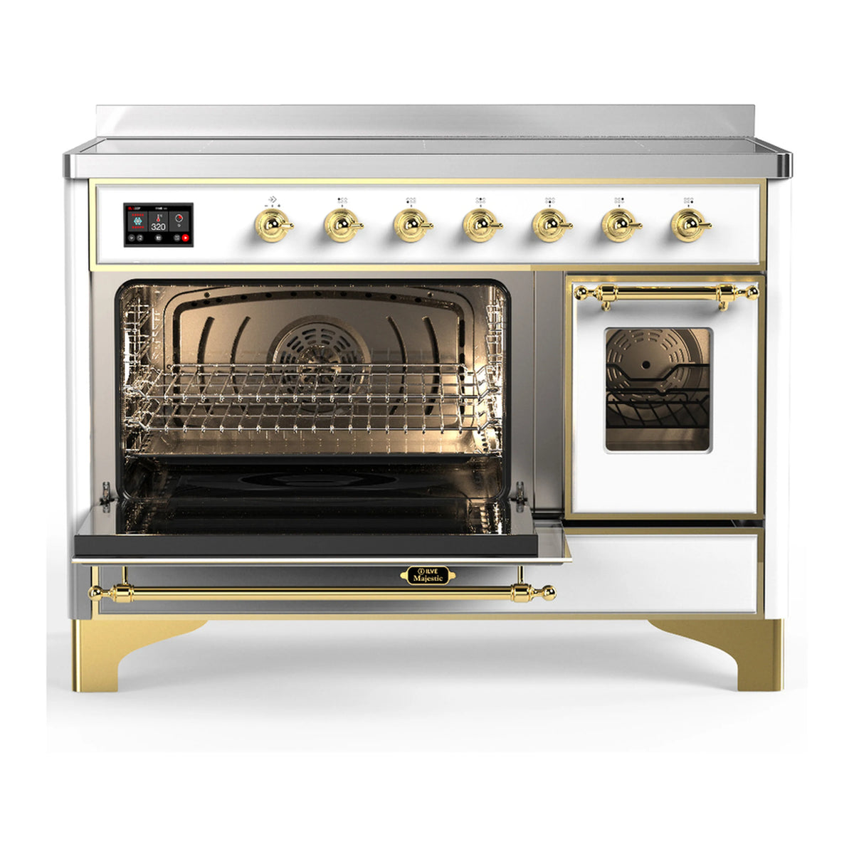 White induction range with brass trim and two oven doors with viewing glass panels