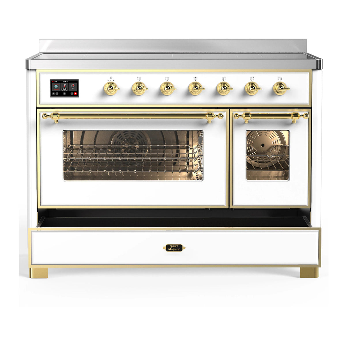 White induction range with brass trim and open oven drawer with black cooking interior
