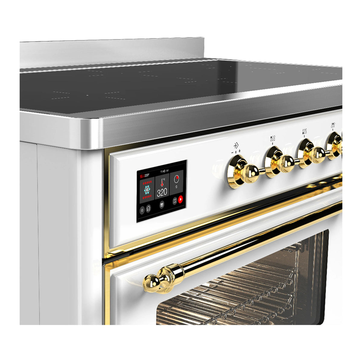 White induction range with brass trim showing control panel and oven racks behind glass door