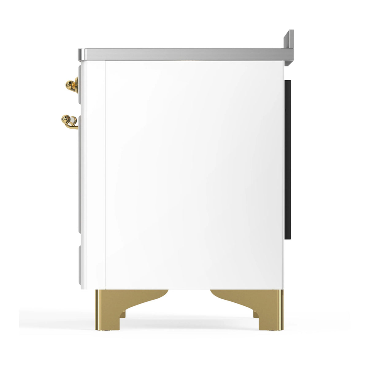 White induction range corner panel with brass trim legs and black side handle