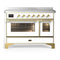 ILVE Majestic III 48-Inch Induction Range with 6 Induction Elements and Triple Glass Door Electric Oven in White with Brass Trim (UMIB48NR3WHG)