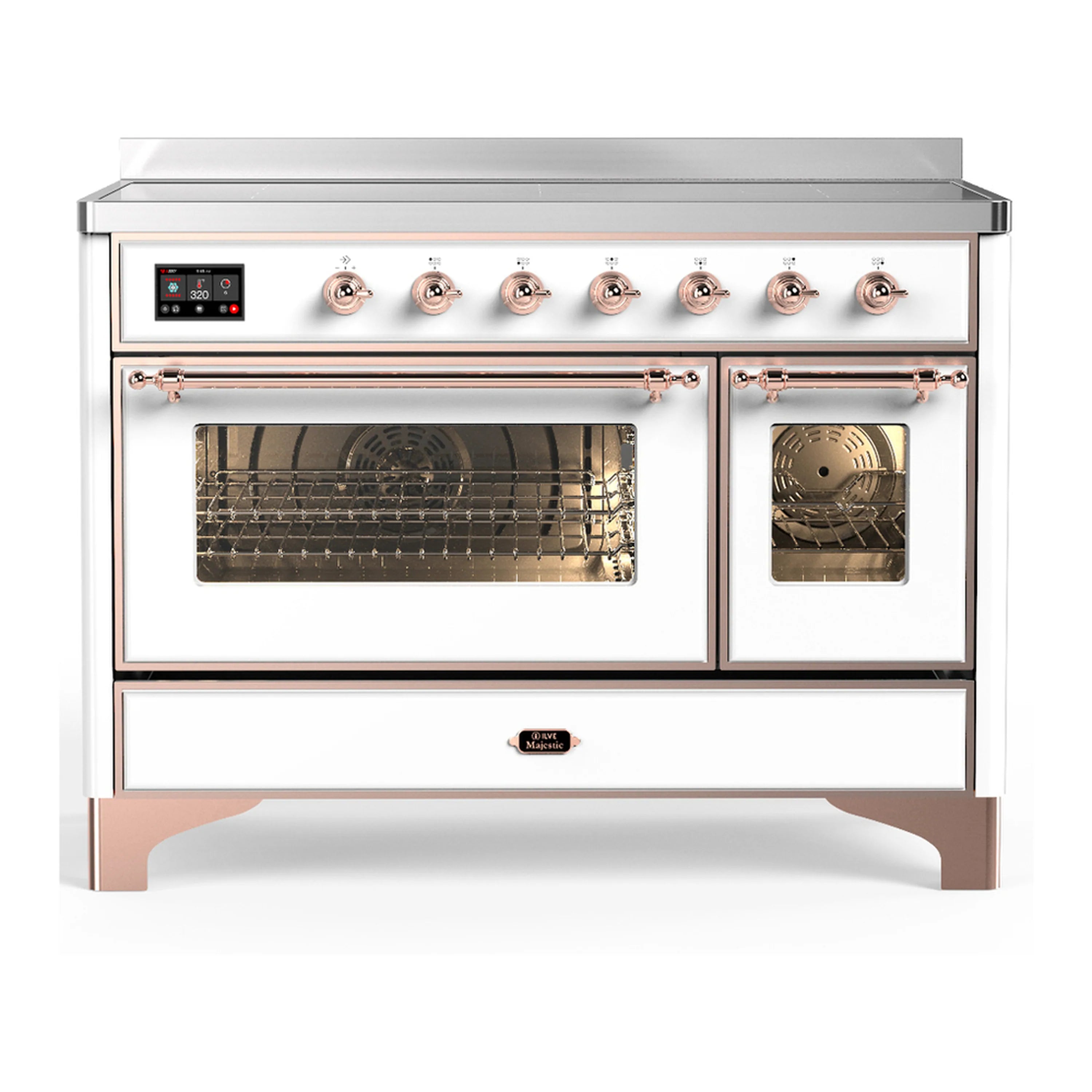 White induction range with copper-trim knobs, dual ovens, and triple-glass electric oven door