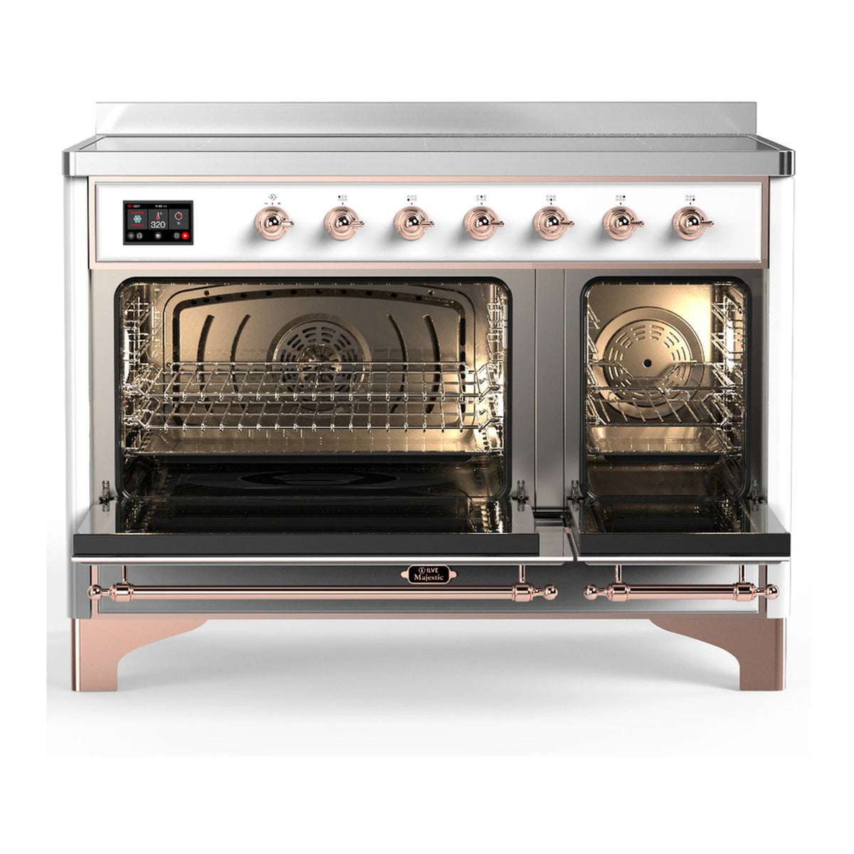 White induction range with copper-trim controls and two oven compartments, doors open