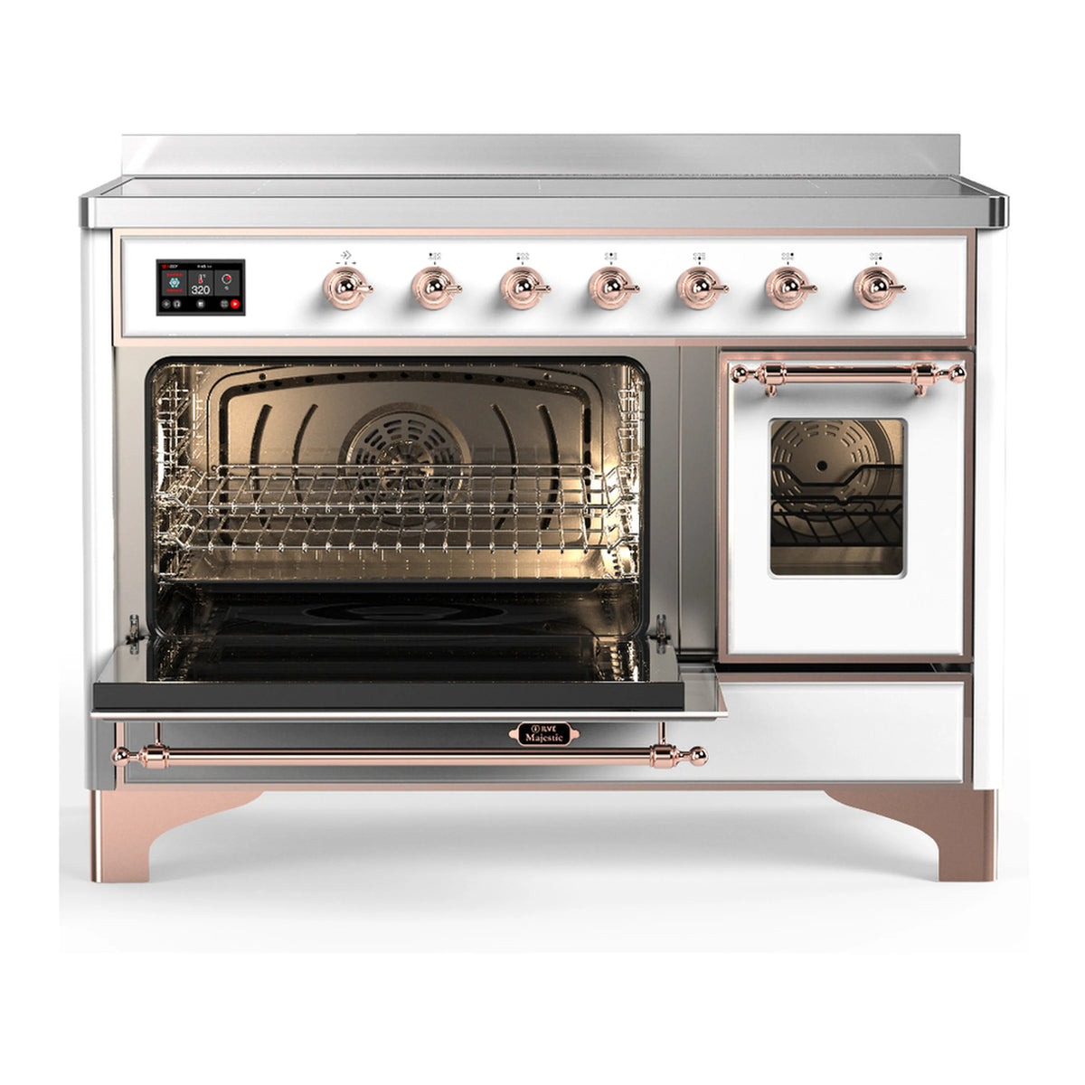 White induction range with copper-trim knobs and open dual oven doors, front view