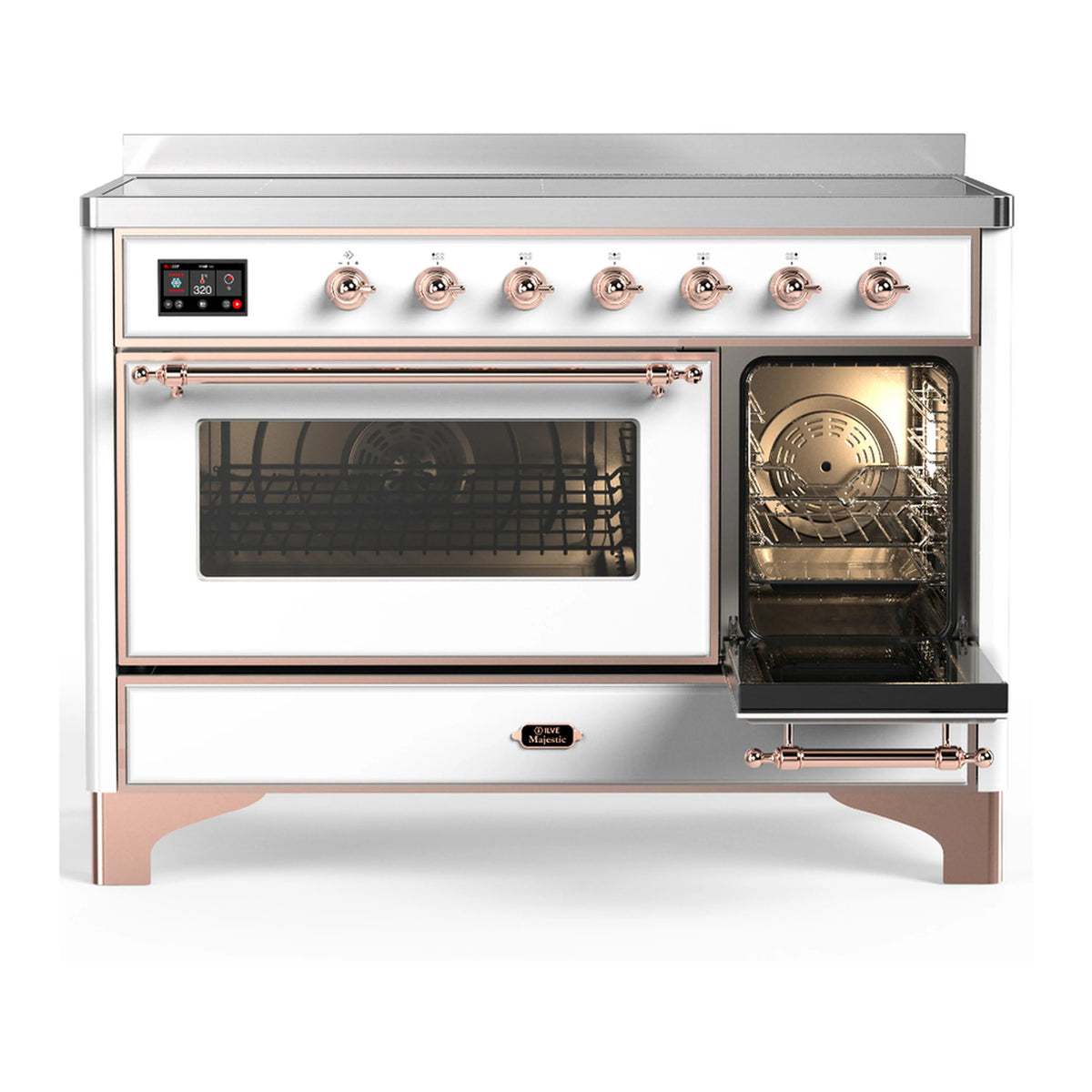 White induction range with copper trim, left oven glass window and right oven door open