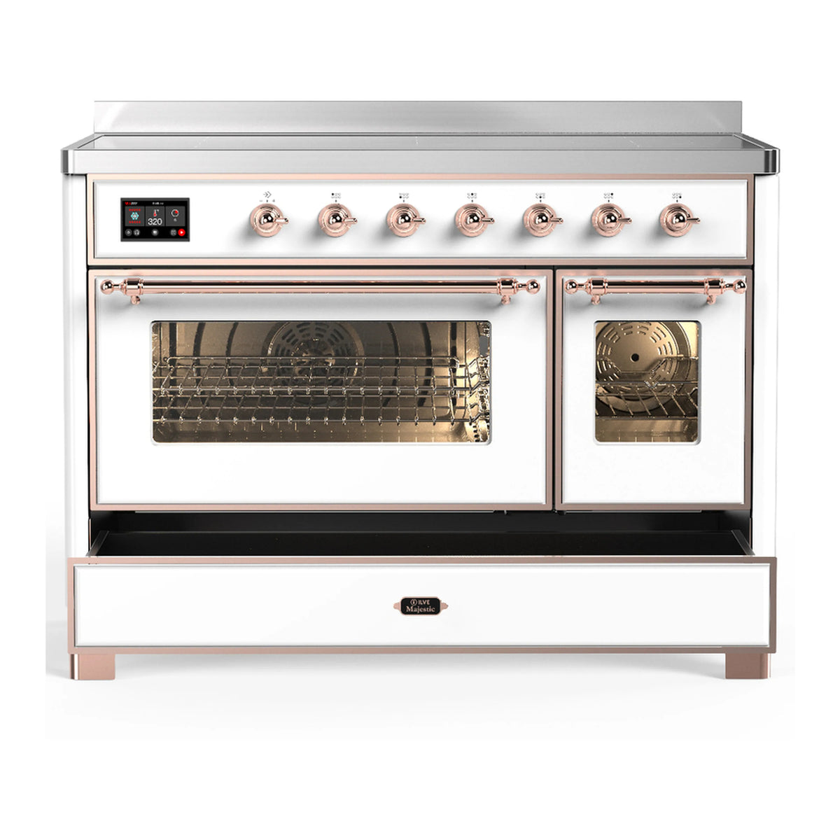 White induction range with copper-trim knobs, dual oven doors with glass windows
