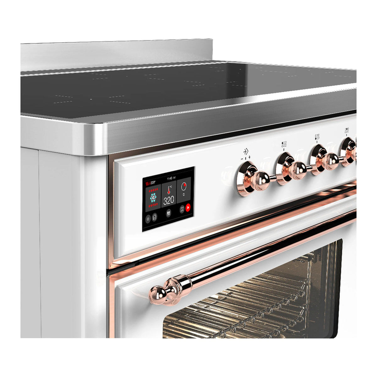 Close-up of white induction range control panel with copper-trim knobs and oven door