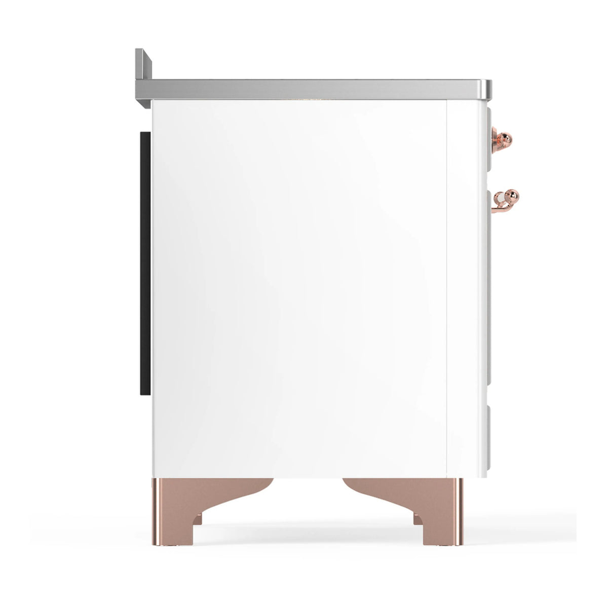 White oven cabinet side view with copper base trim and control panel edge