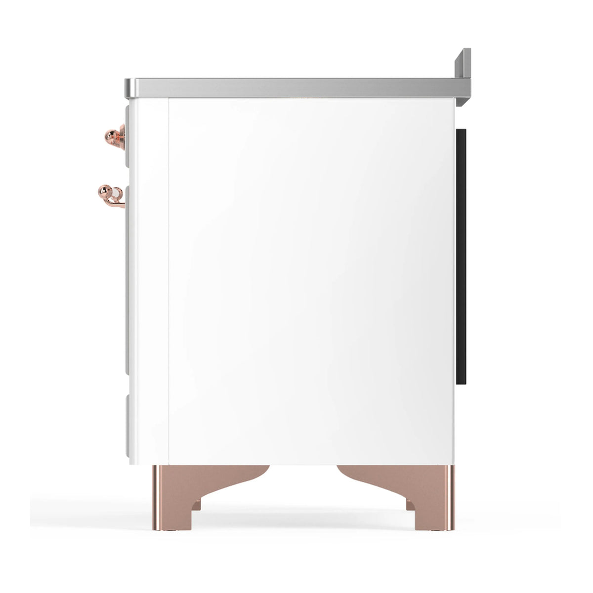 White induction range side view with copper-trim bottom and rear edge