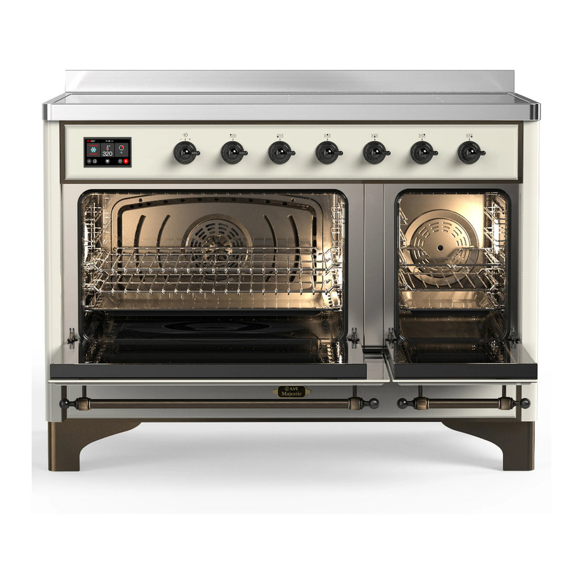 Induction range with open electric oven door showing two racks inside