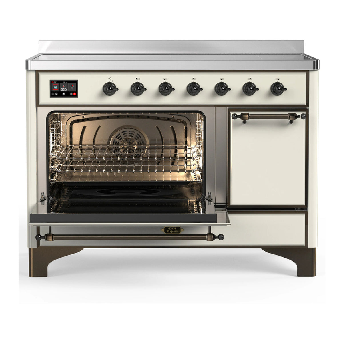 Induction range with open oven door and interior racks, stainless cooking compartment
